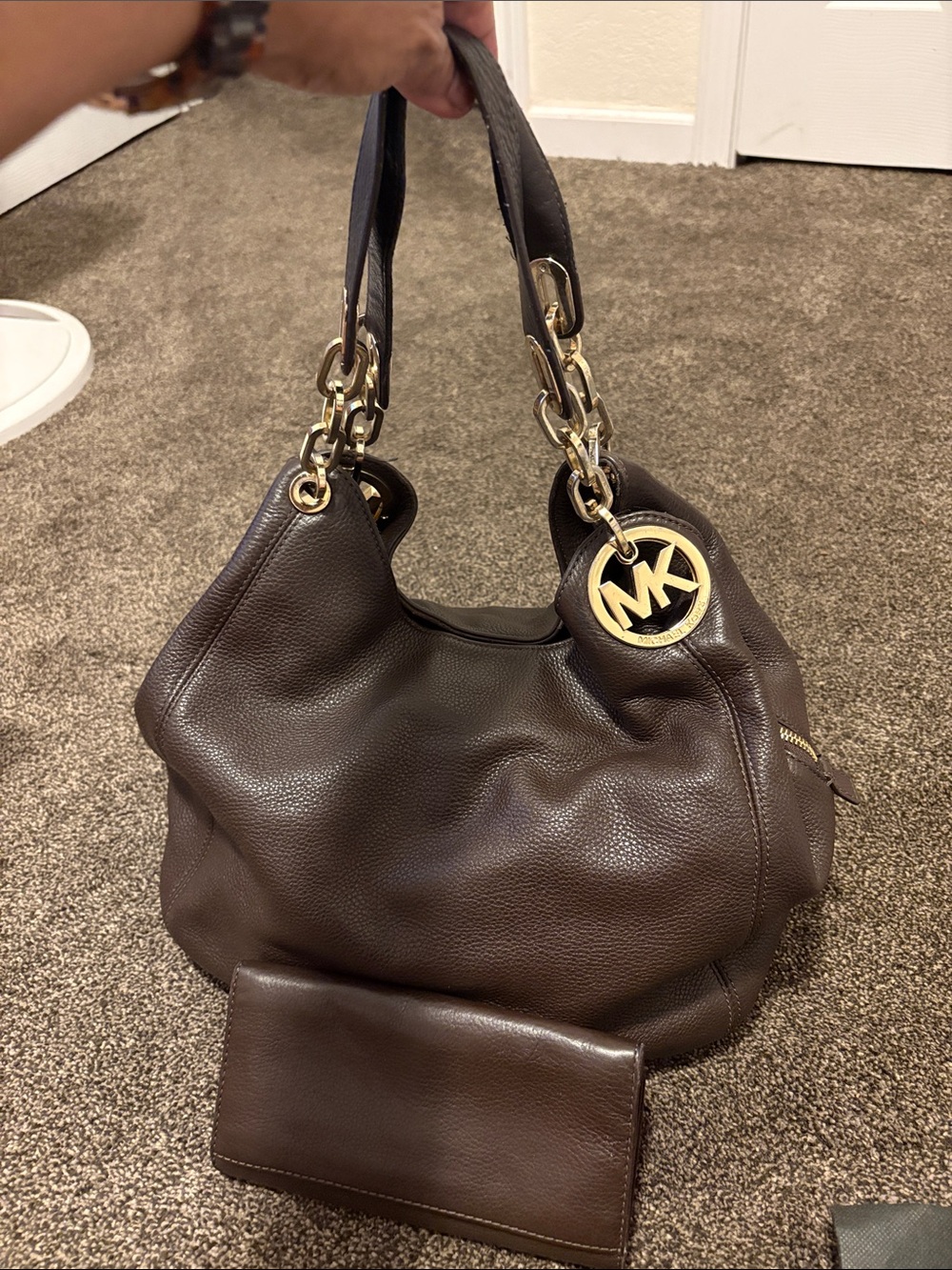 Michael Kors Dark Brown Pebbled Leather Shoulder Hobo with Gold MK Charm